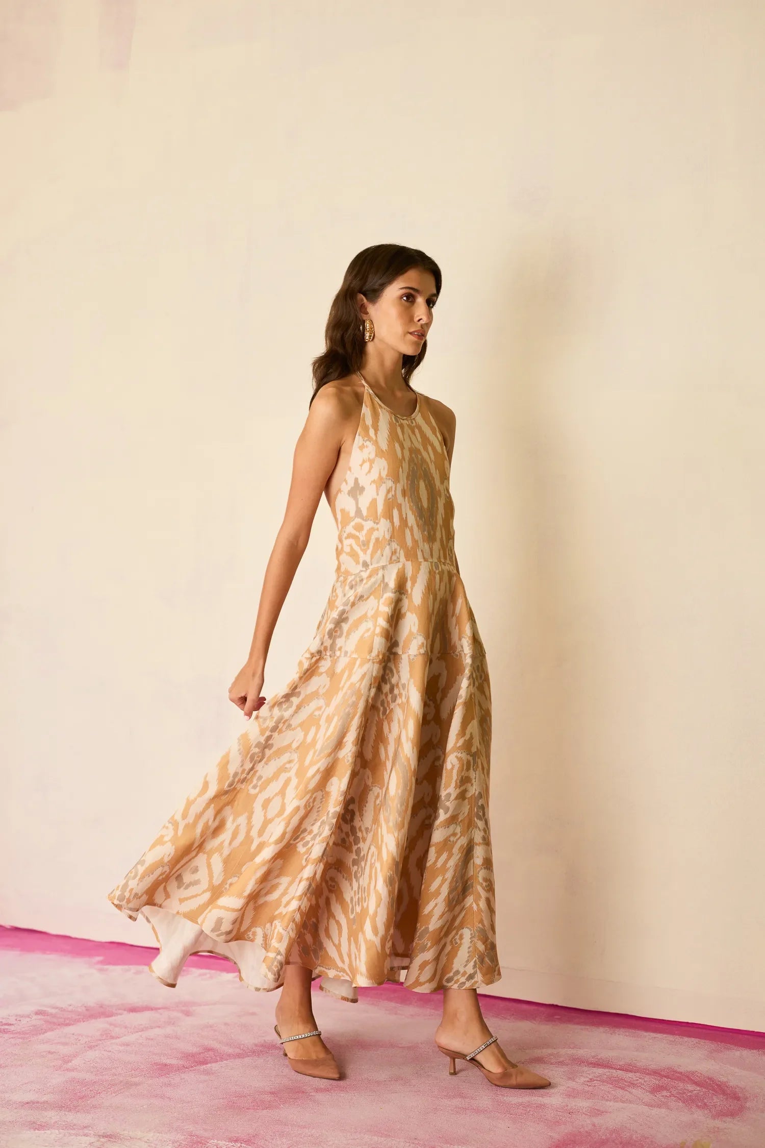 Sand Ikat Halter Neck Maxi Dress