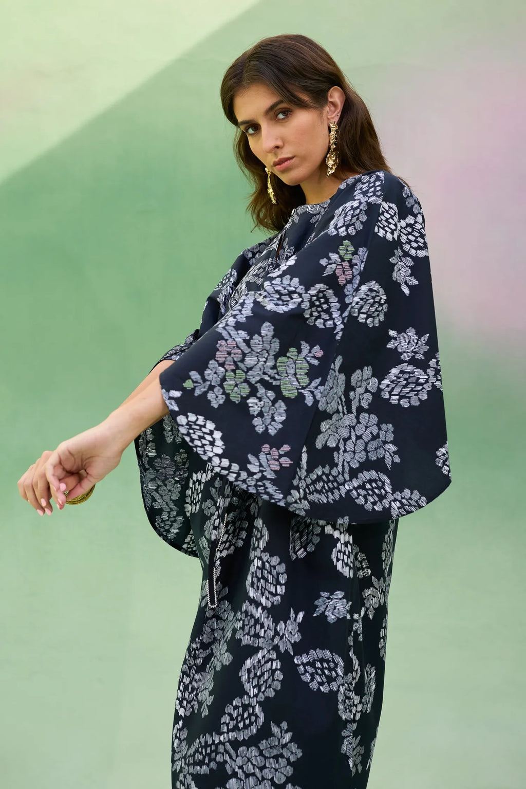 Black Floral Ikat Kaftan Dress