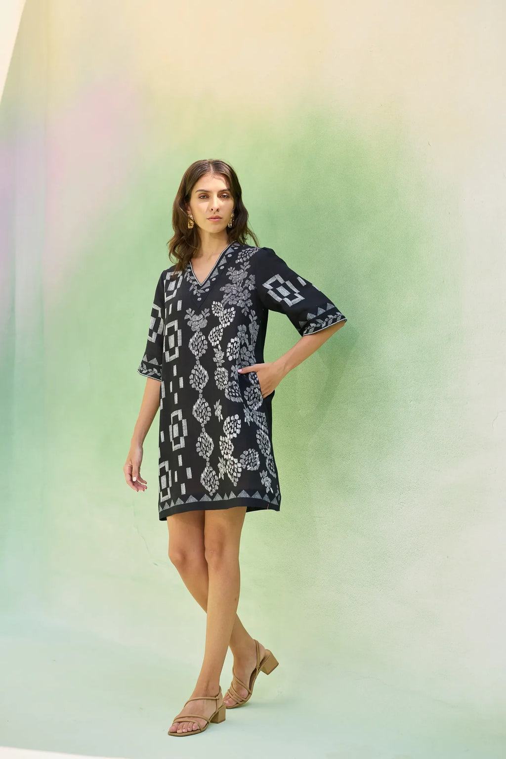 Black Floral Ikat Mini Shift Dress