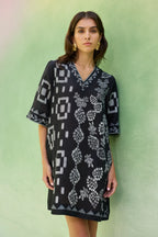 Black Floral Ikat Mini Shift Dress