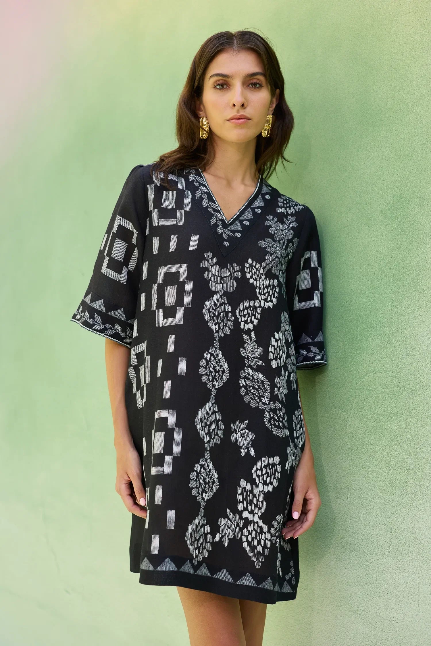 Black Floral Ikat Mini Shift Dress