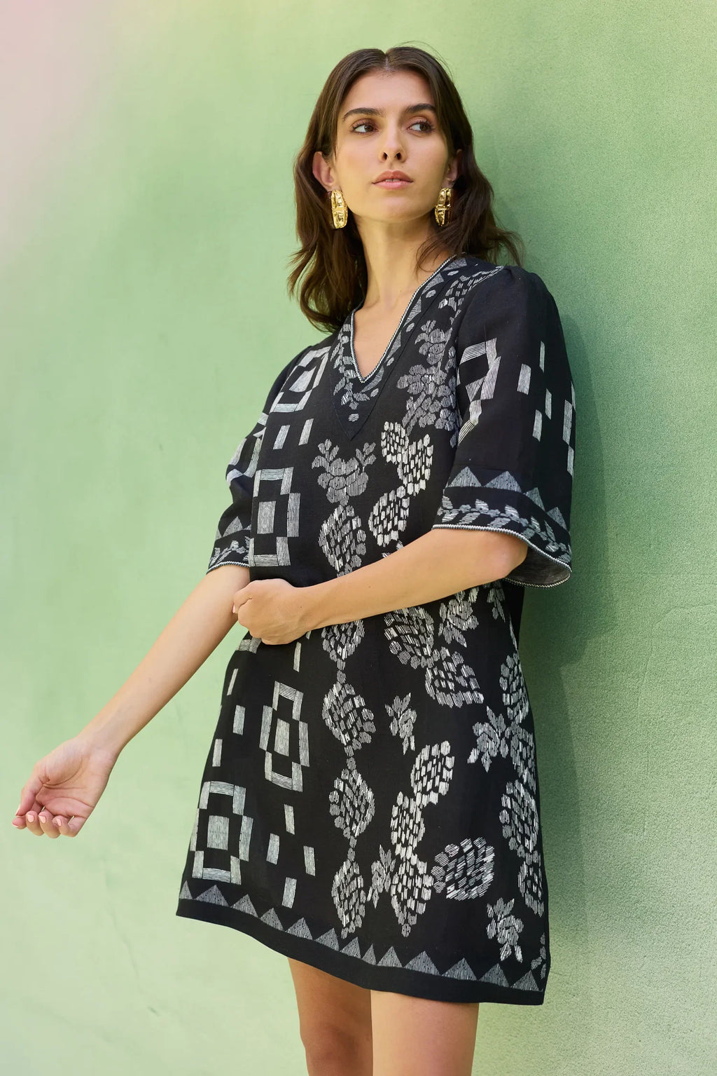 Black Floral Ikat Mini Shift Dress