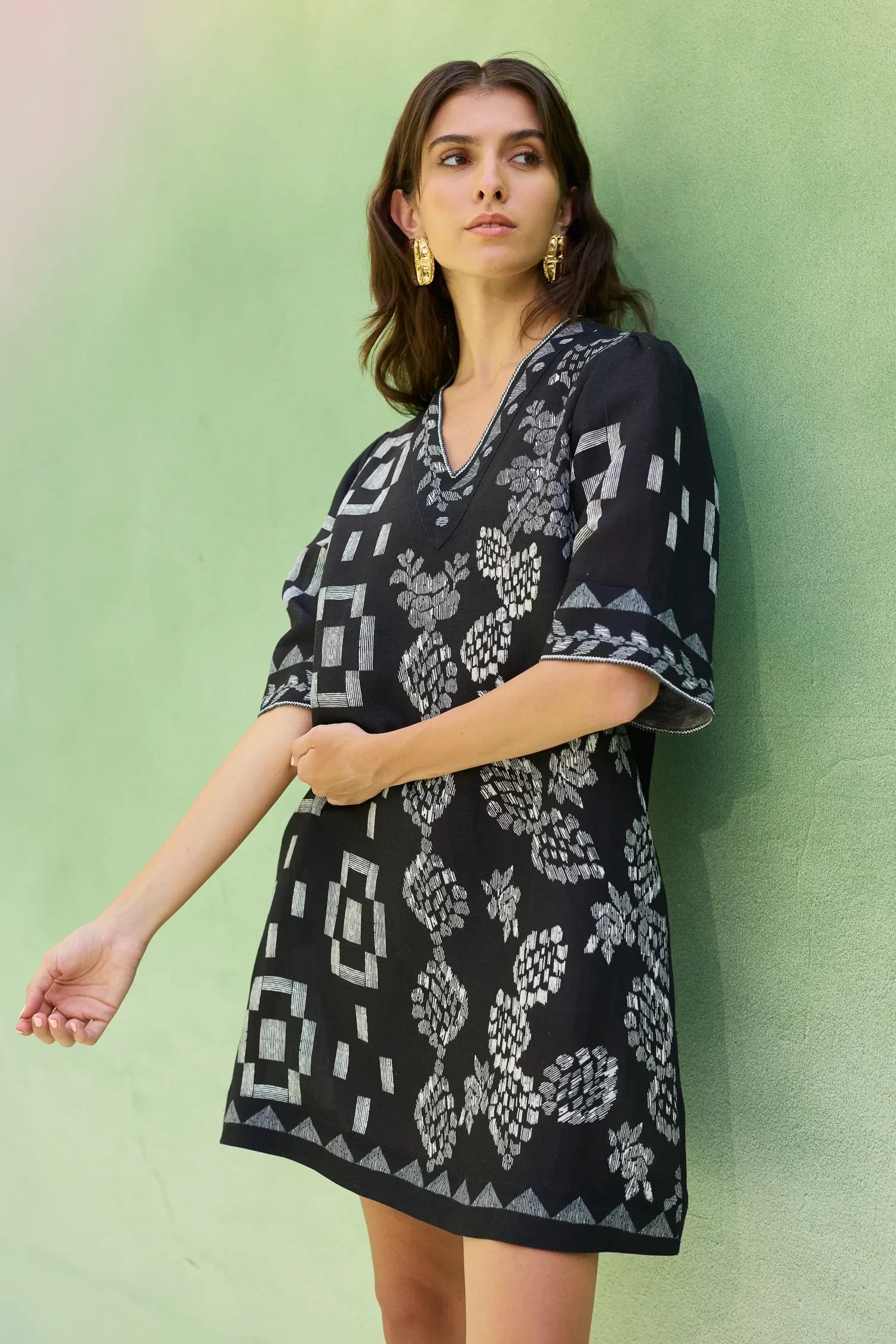 Black Floral Ikat Mini Shift Dress