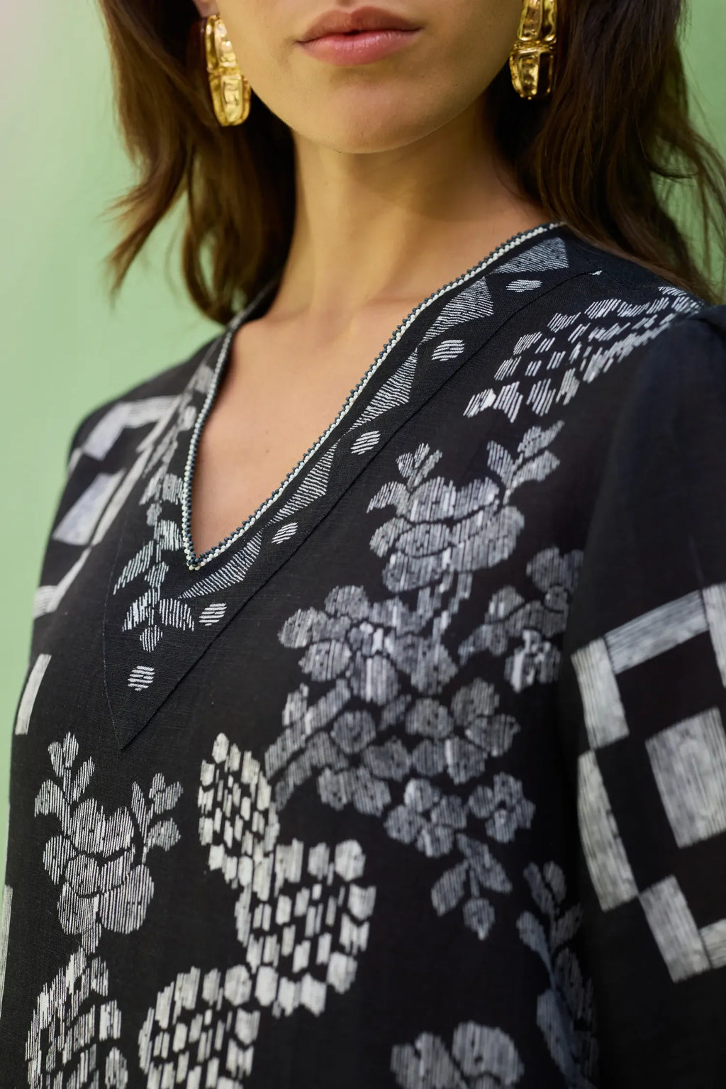 Black Floral Ikat Mini Shift Dress