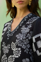 Black Floral Ikat Mini Shift Dress