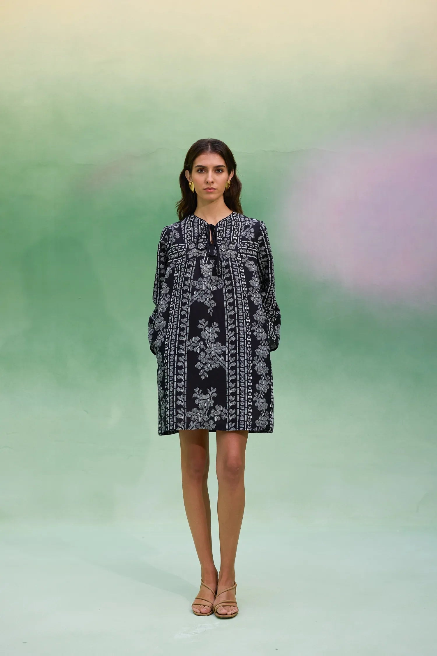 Black Floral Ikat Symmetrical Shift Dress