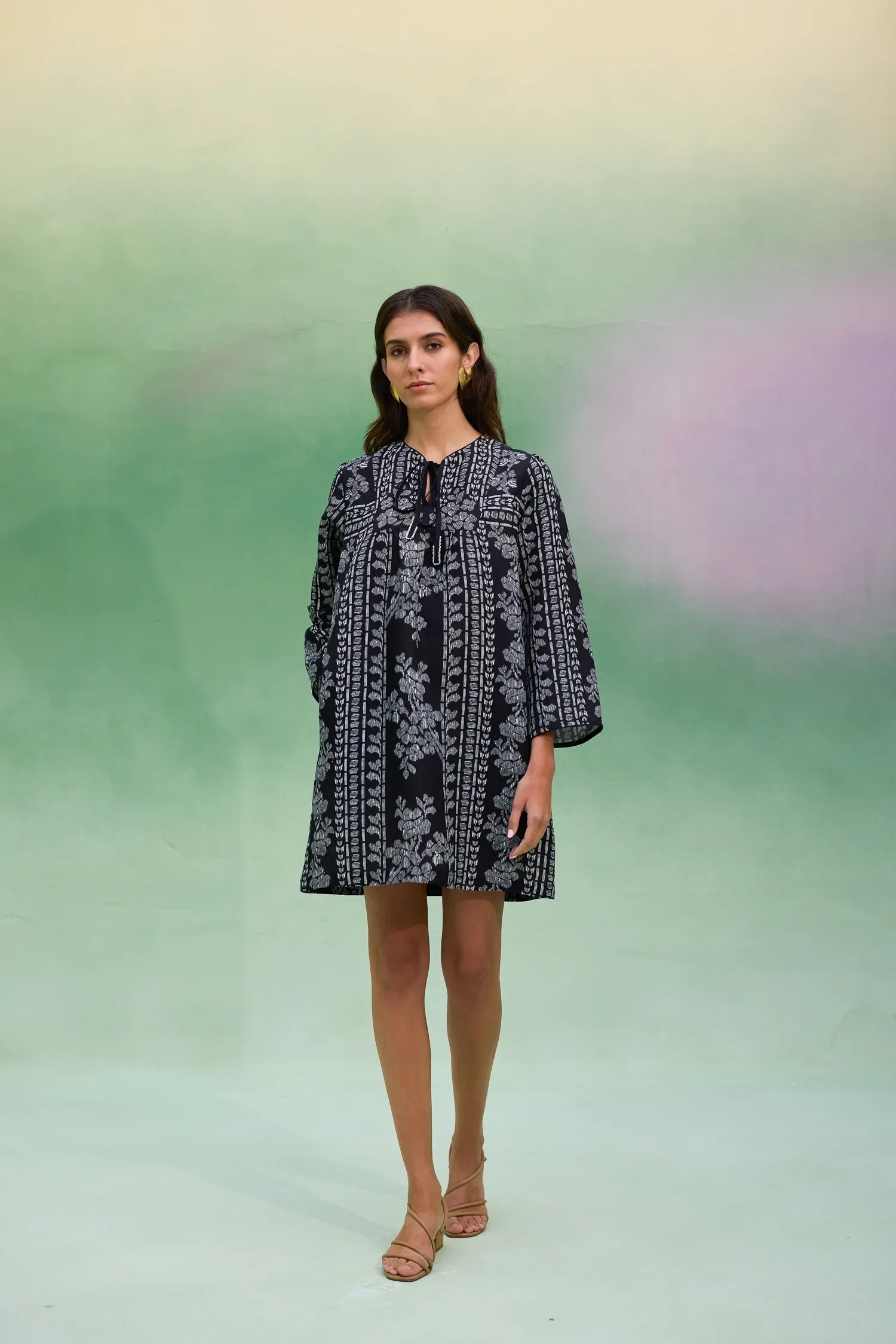 Black Floral Ikat Symmetrical Shift Dress