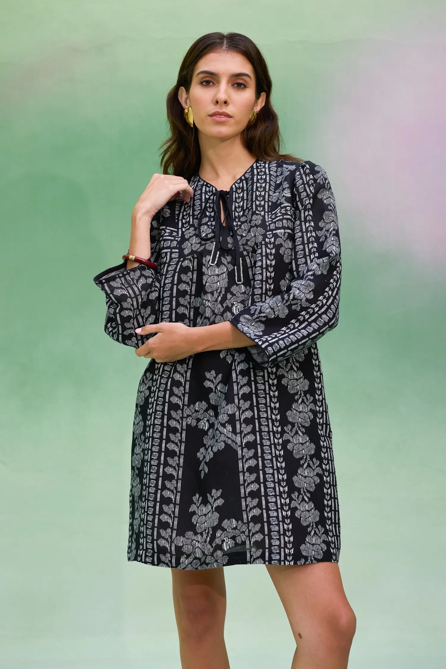 Black Floral Ikat Symmetrical Shift Dress