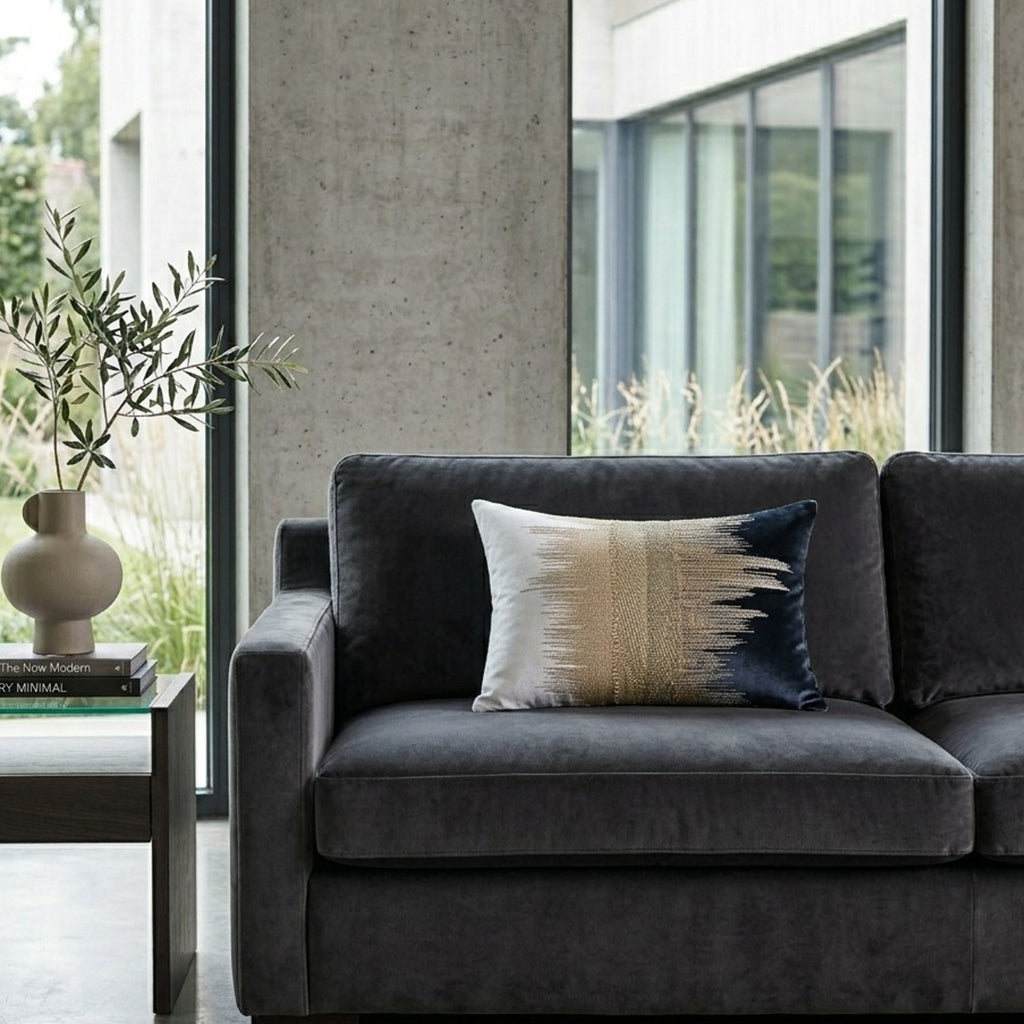 Mira Ivory Navy Velvet Lumbar Pillow - MIRA04C-IVNY