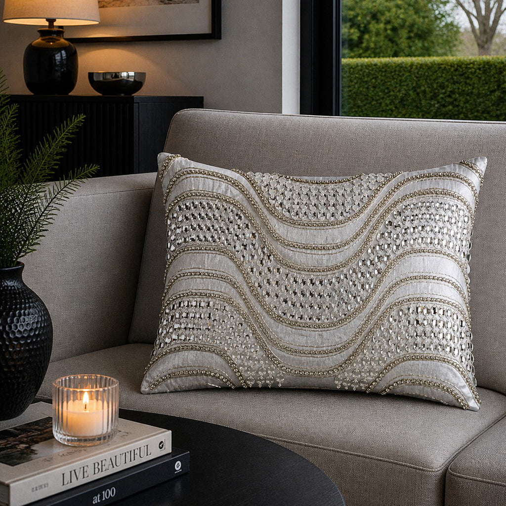Noelle Bedazzled Crystal Silver Lumbar Pillow - MT-NOELLE019C-SV