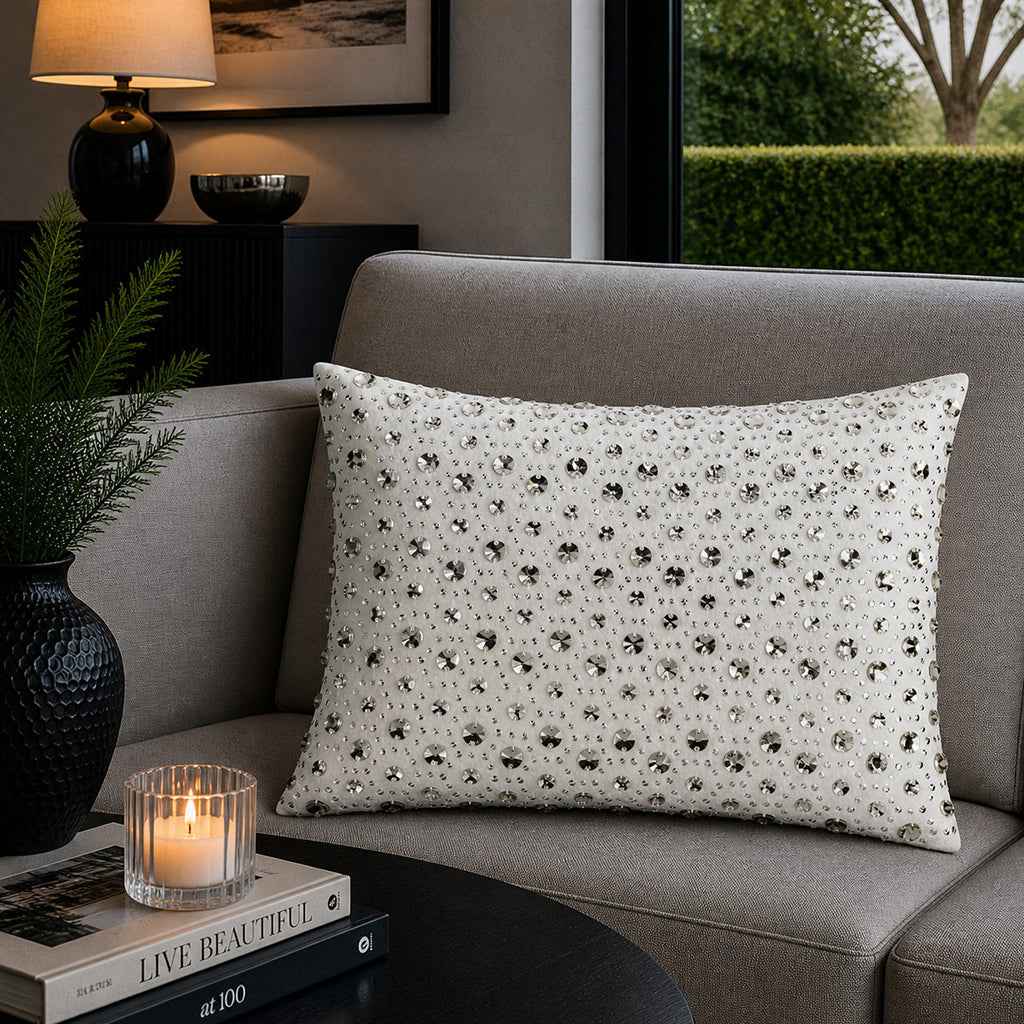 Violette Bedazzled Crystal Ivory Lumbar Pillow - MT-VIOLETTE013C-IV