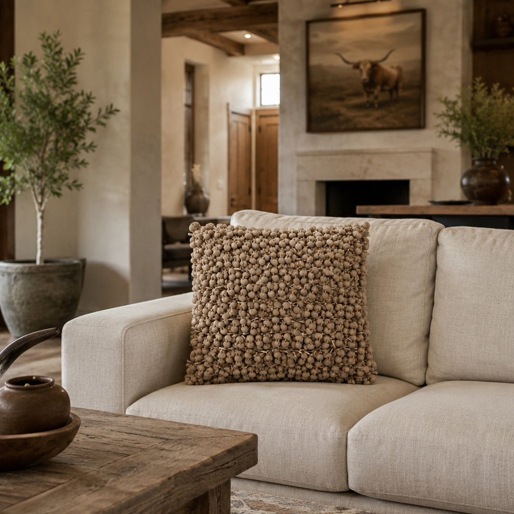 Pompom Woven Beige Pillow - POMPOMA-BG