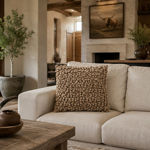 Pompom Woven Beige Pillow - POMPOMA-BG