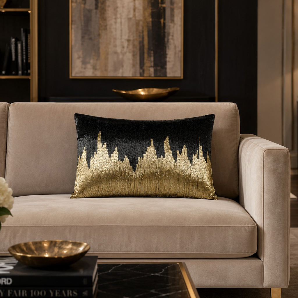 Rica Fully Beaded Black And Gold Pillow - RICA07C-BKGD
