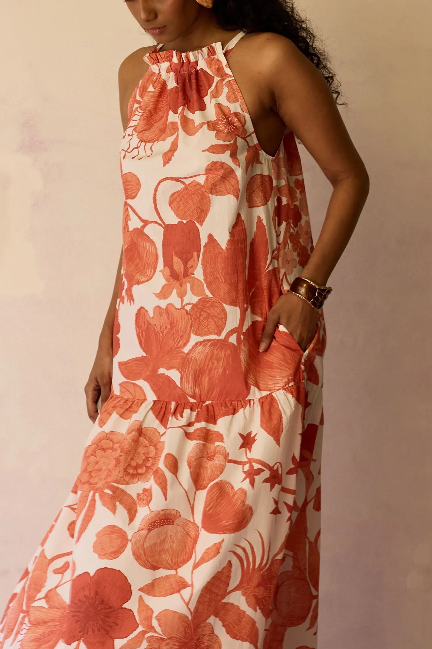 Hibiscus Anaar Gathered Sleeveless Maxi Dress - Coral