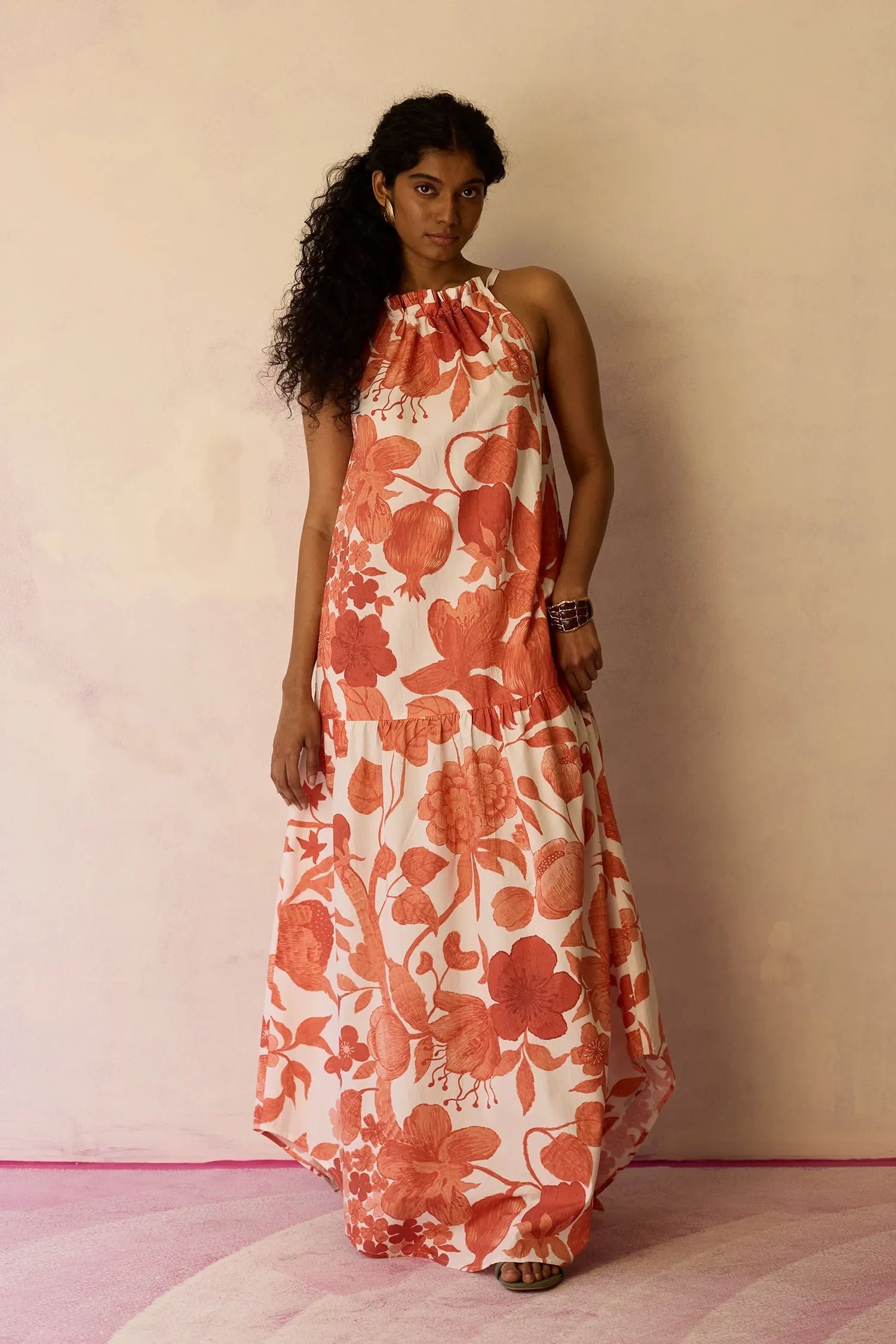 Hibiscus Anaar Gathered Sleeveless Maxi Dress - Coral