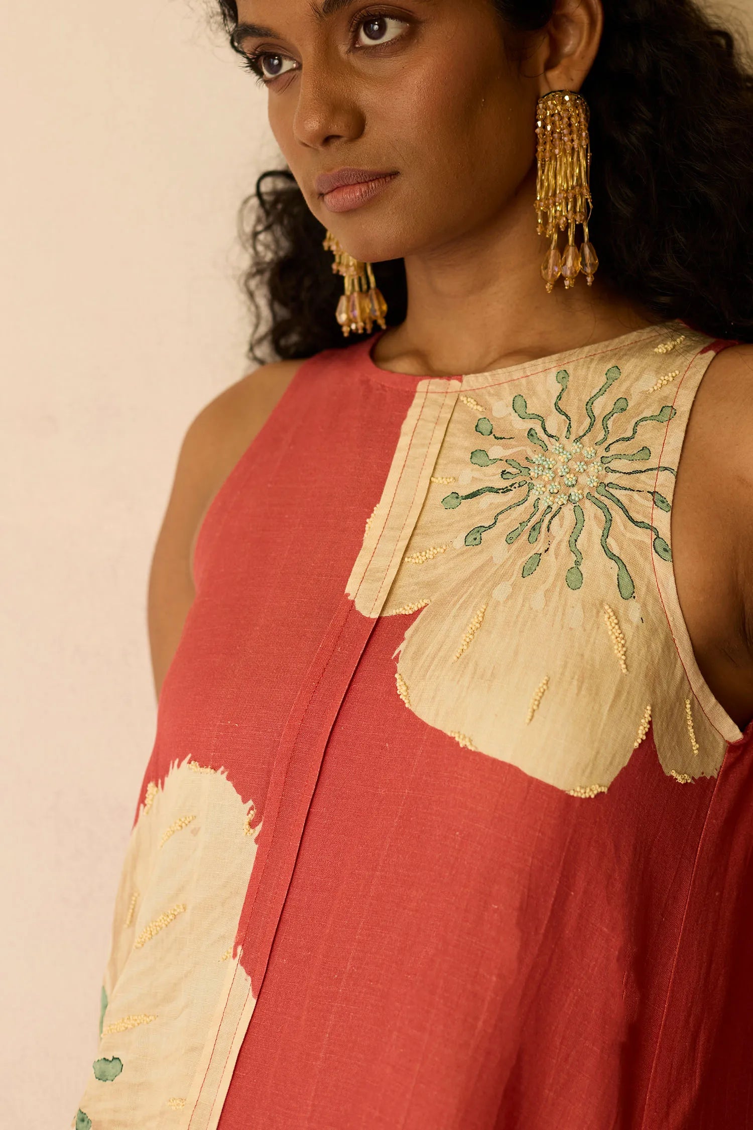 Hibiscus Anaar Embroidered Yoke Mini Dress - Coral