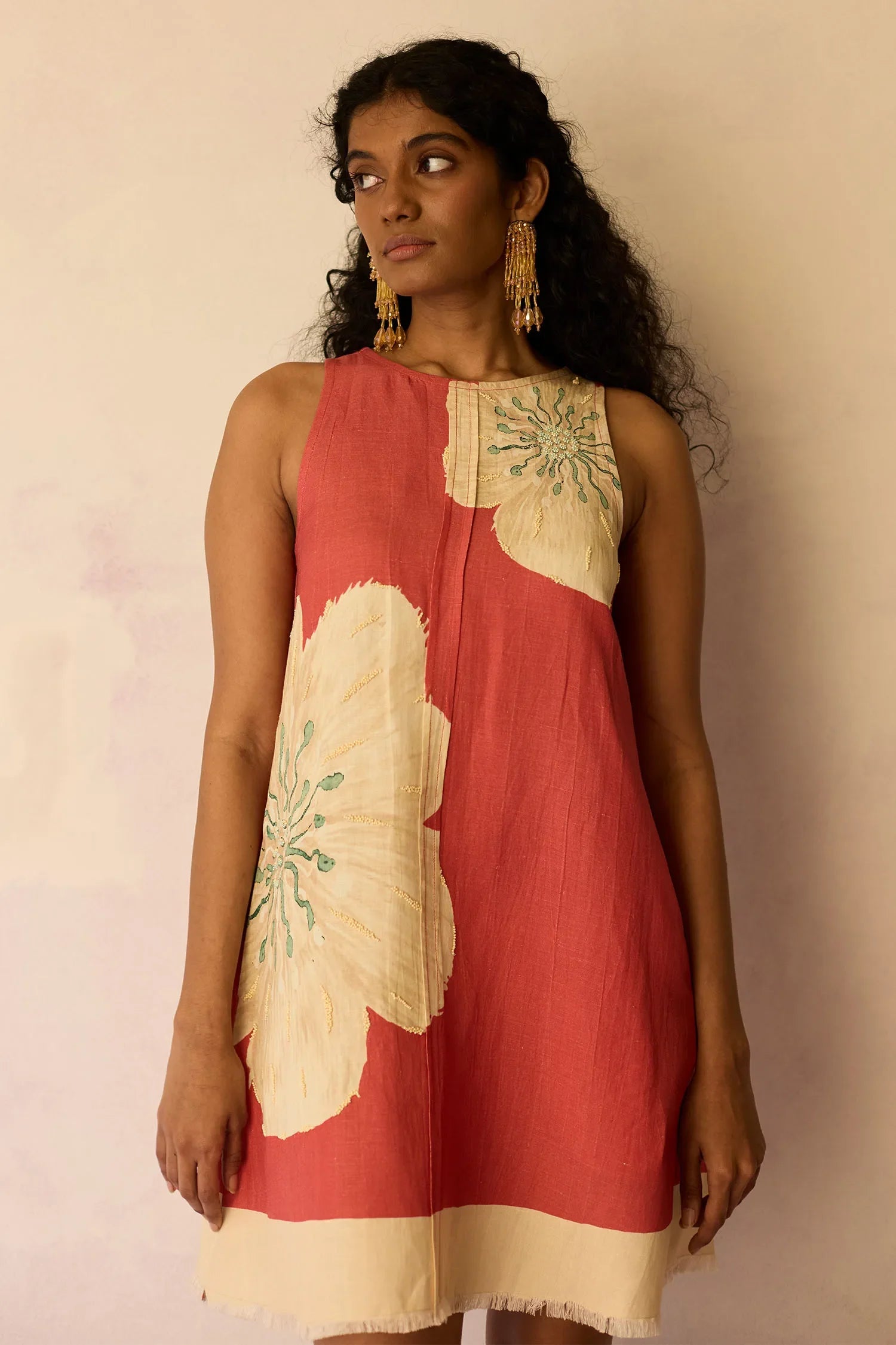Hibiscus Anaar Embroidered Yoke Mini Dress - Coral