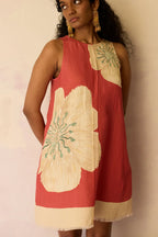 Hibiscus Anaar Embroidered Yoke Mini Dress - Coral