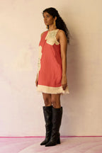 Hibiscus Anaar Embroidered Yoke Mini Dress - Coral