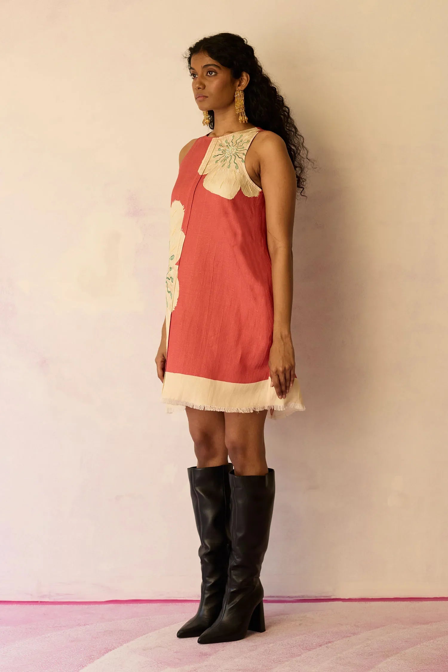 Hibiscus Anaar Embroidered Yoke Mini Dress - Coral