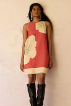 Hibiscus Anaar Embroidered Yoke Mini Dress - Coral