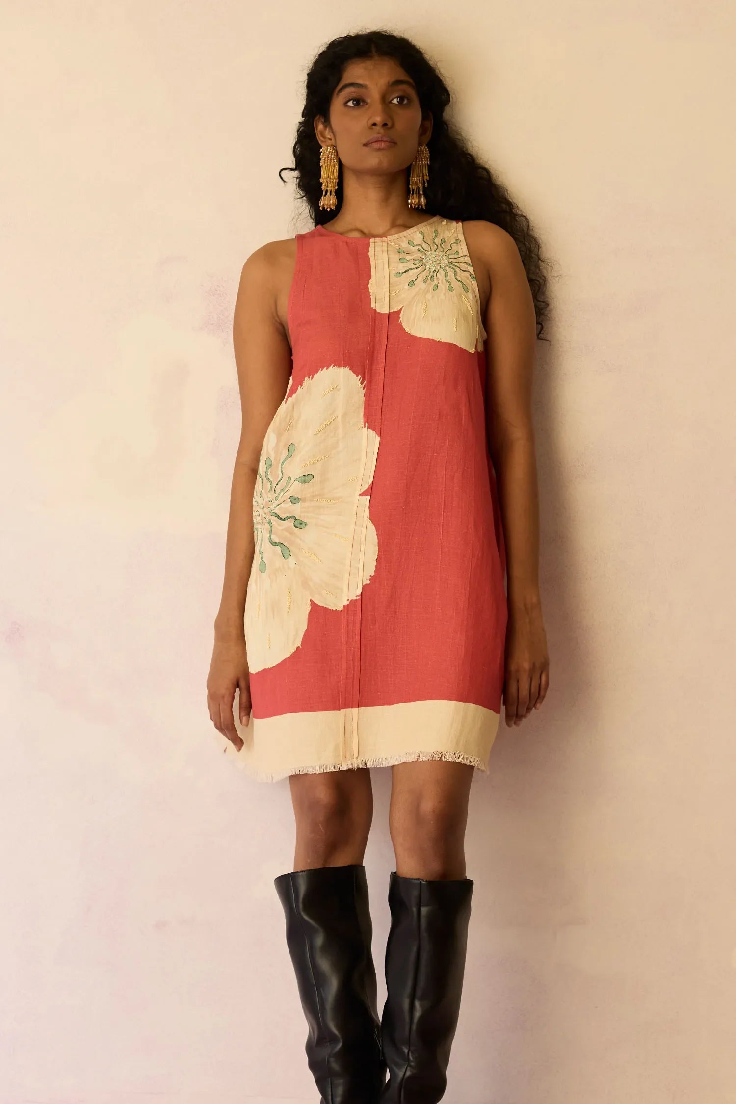 Hibiscus Anaar Embroidered Yoke Mini Dress - Coral