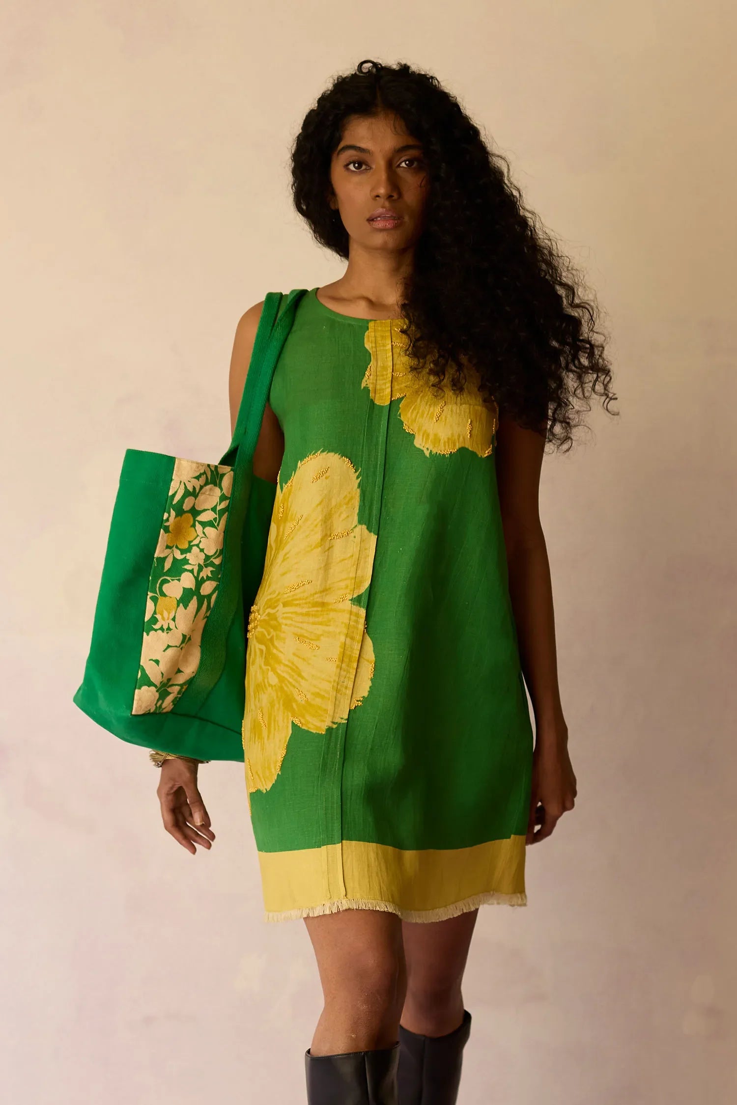 Hibiscus Anaar Embroidered Yoke Mini Dress - Fern
