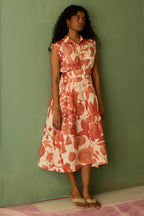 Hibiscus Anaar Sleeveless Shirt Midi Dress - Coral