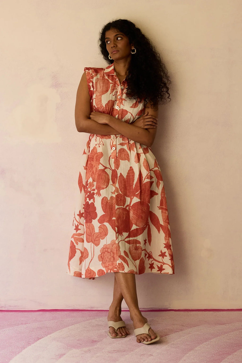 Hibiscus Anaar Sleeveless Shirt Midi Dress - Coral