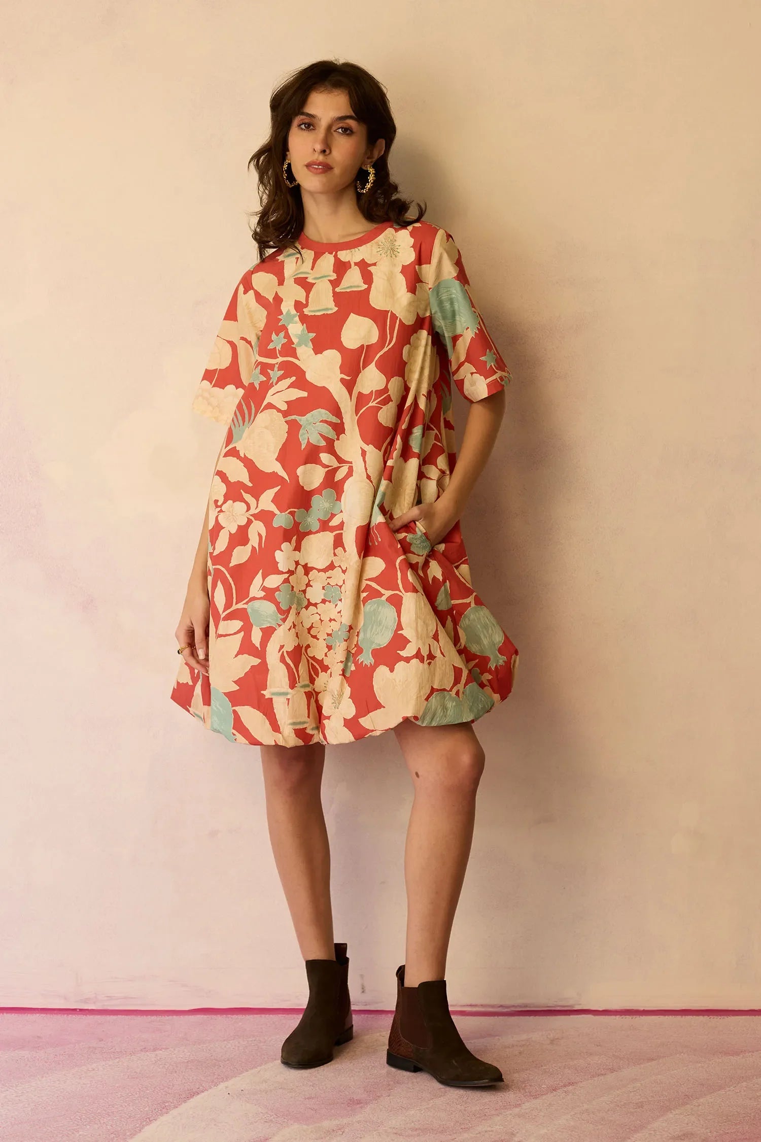 Hibiscus Anaar Bubble Mini Dress - Coral