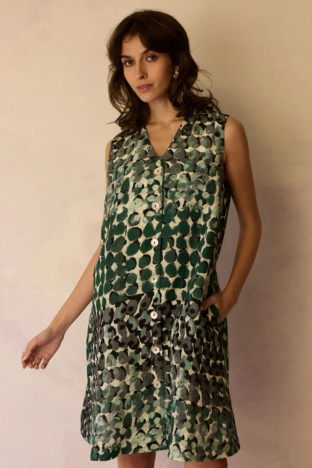 Moss Hand-Painted Sleeveless Shirt Dress