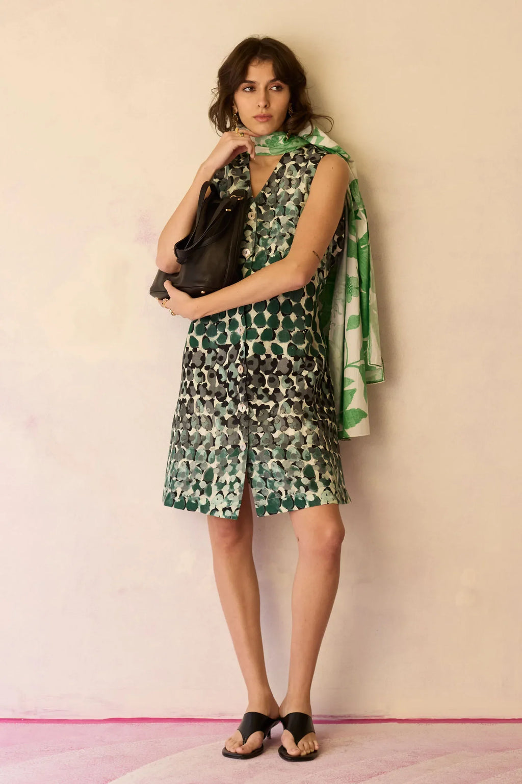 Moss Hand-Painted Sleeveless Shirt Dress