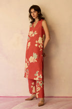 Hibiscus Anaar V-Neck Co-ord Set - Coral