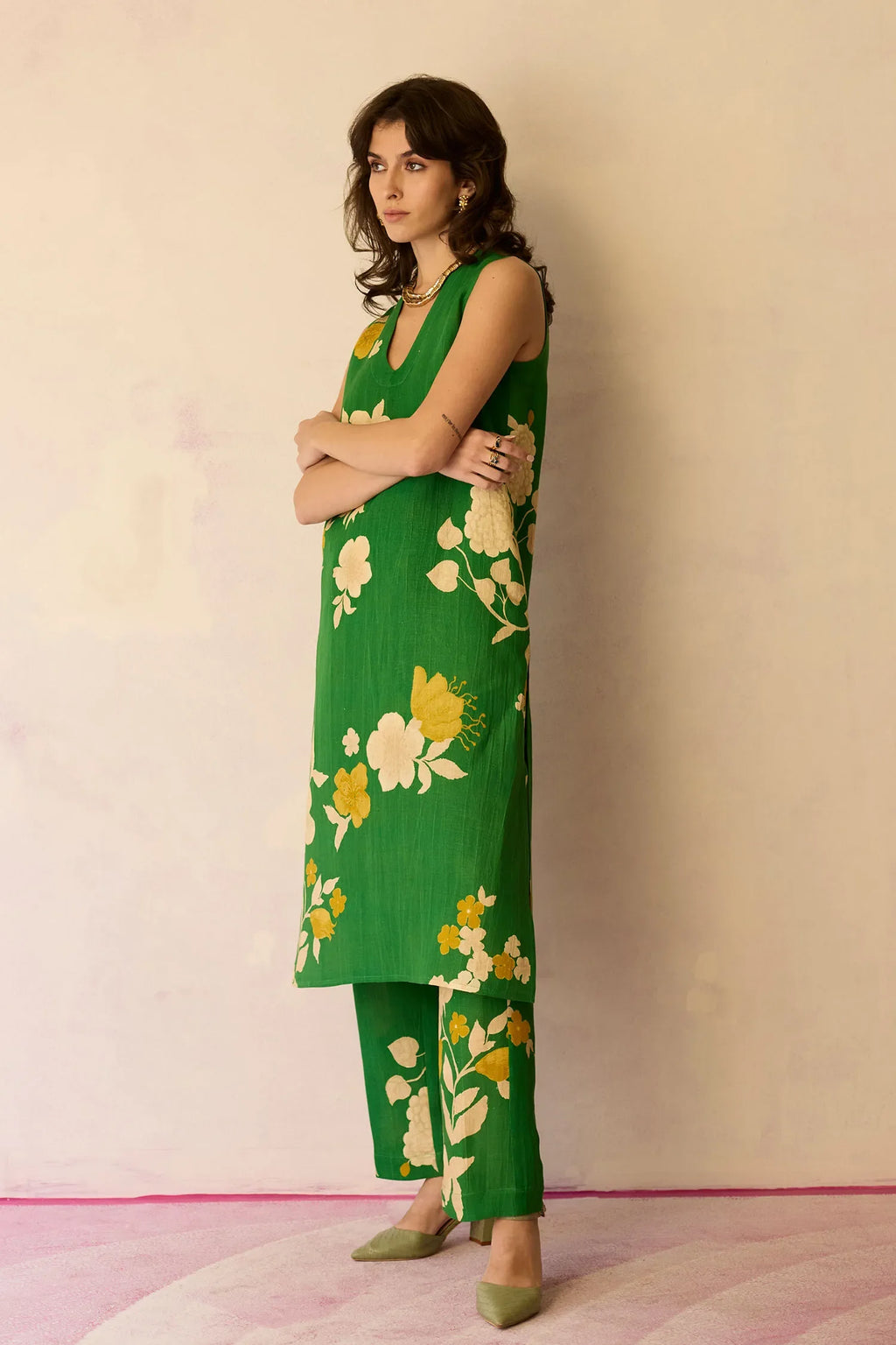 Hibiscus Anaar V-Neck Co-ord Set - Fern