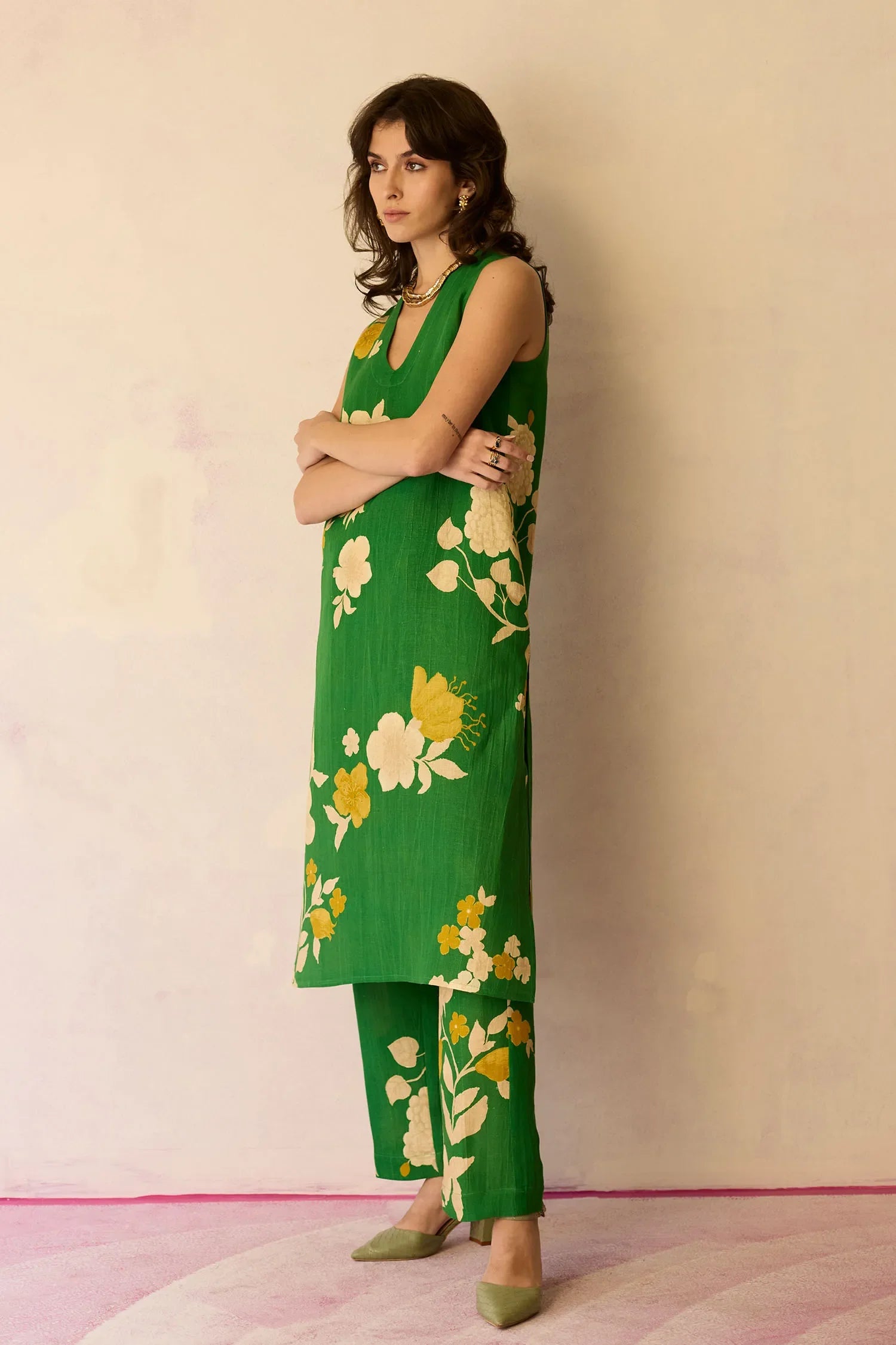Hibiscus Anaar V-Neck Co-ord Set - Fern